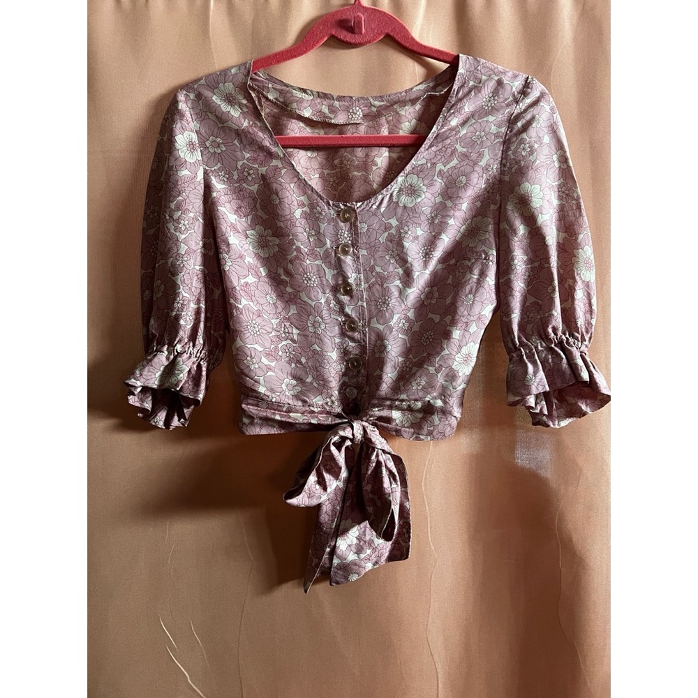 Floral Pink Silk Vintage Romantic Tie-Front Blouse